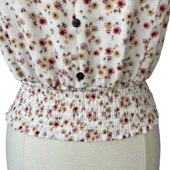Monteau Button Front Top Womens XL Cream Pink Sweetheart Neck Floral - Picture 4 of 8